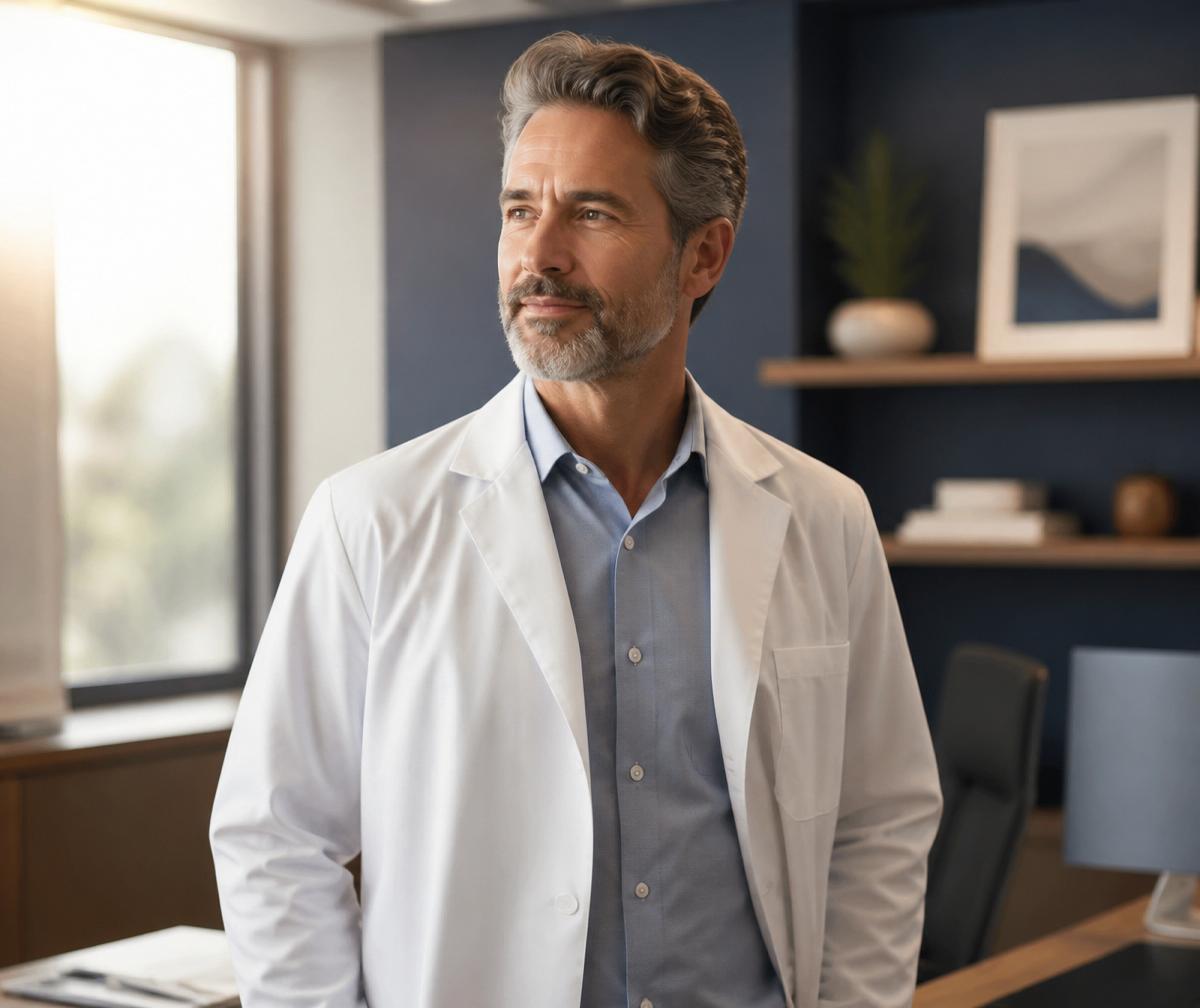 Physician practice owner standing confidently in a calm modern office